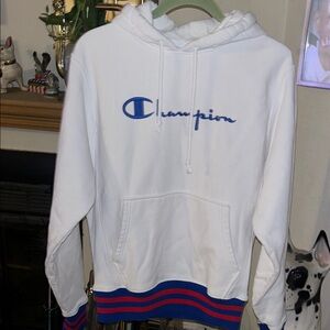 Champion White Hoodie with Blue Logo and Red Stripes Vintage